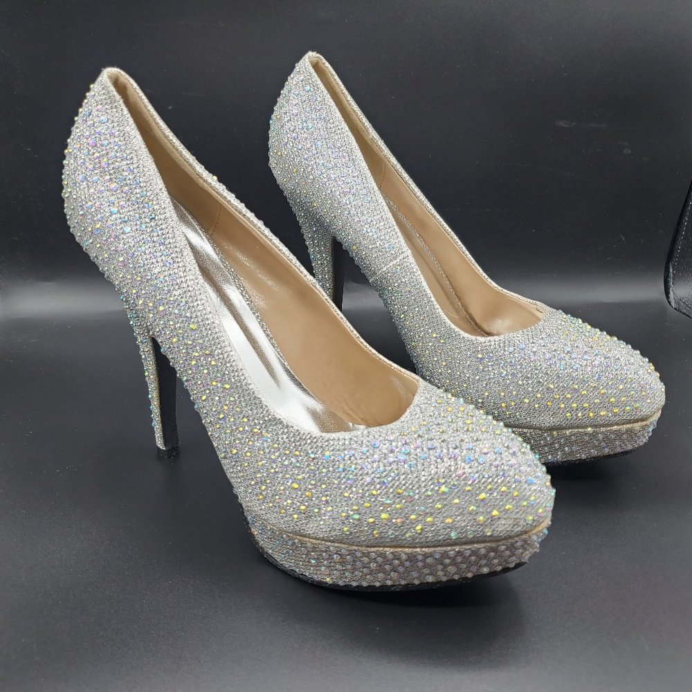 FIRST SIGHT SILVER GLITTER IRIDESCENT CRYSTAL RHINESTONE SKY HIGH PLATFORM PUMPS